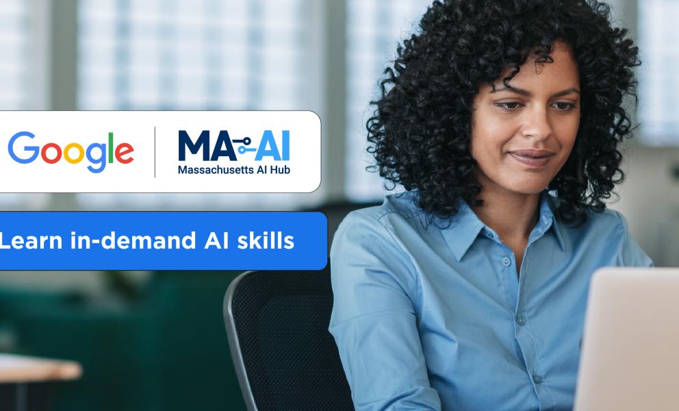 Woman on Computer with Google and AI Hub logos with text that reads: Learn in-demand AI Skills